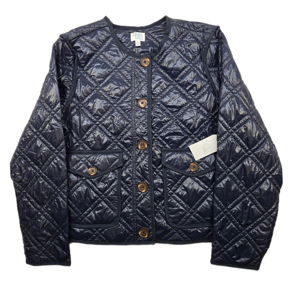 Time‎ & Tru Quilted Jacket Womens Medium 8-10 Navy Blue Nylon TT NEW